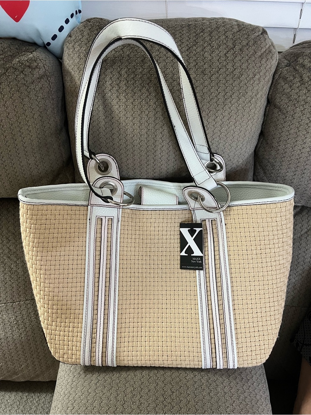 Maxx New York Beige Woven Tote with White Trim and Straps